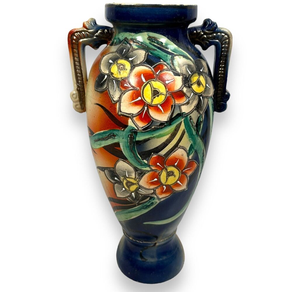 Vintage Japanese‎ Vase Floral Moriage Dragon Handle Flowers Blue Red 14.5" Japan